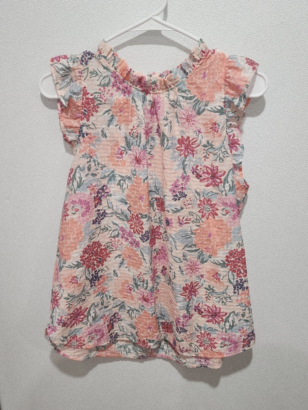Loft Floral Poplin Crinkle Blouse Size Large Ruffle Cap Sleeve